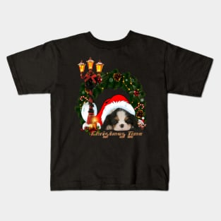 Christmas time cute puppy with bird Kids T-Shirt